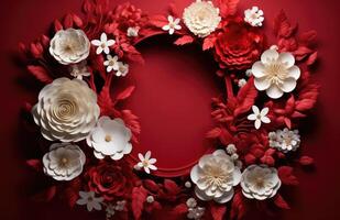 ai generado un rojo pared centrado con un rojo y blanco flor establecido marco foto