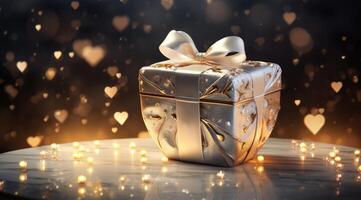 ai generado un plata corazón regalo caja con arco y dorado cinta en un soleado noche cielo foto