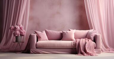 AI generated a pink sofa in a room with white drapes photo