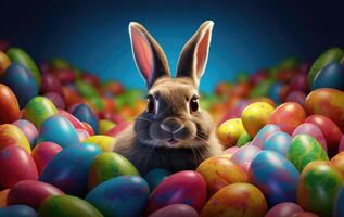 AI generated a bunny sitting in colorful eggs surrounding him photo