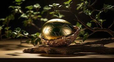 ai generado un dorado huevo en el nido de un árbol en el luz de sol con un de madera tablero foto
