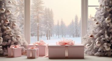 ai generado un blanco regalo caja con Navidad decoraciones y pino arboles foto