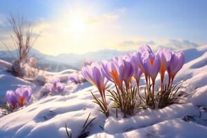 AI generated crocus in snow against the sun winter flowers photo