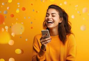 AI generated a woman smiling while using her phone, with a smart phone, photo