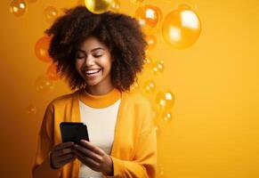 AI generated a woman smiling while using her phone, with a smart phone, photo