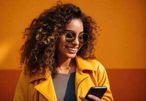 AI generated a woman smiling while using her phone, with a smart phone, photo