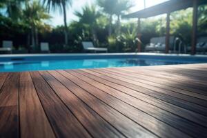 ai generado un de madera tablón en el piscina zona cerca sombrillas, foto