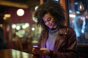 AI generated a woman smiling while using her phone, with a smart phone, photo