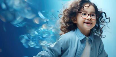 AI generated a girl is smiling and wearing glasses, light navy and light blue photo