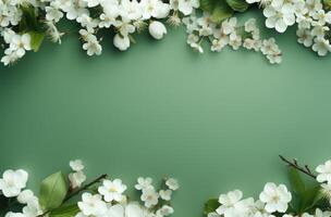 AI generated a white frame of blossoms surrounds a green surface, photo