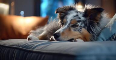 ai generado un perro descansando en un azul sofá con sus cabeza descansando en el azul foto