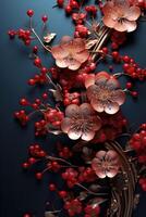 AI generated an abstract red background with red blossoms and branches photo