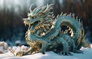 AI generated an animated dragon sitting with his head on a snowy snowy ground photo