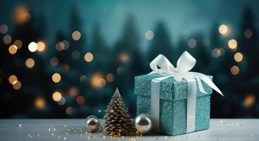 AI generated a gift box next to a pinecone on a green background, photo