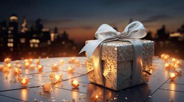 AI generated a silver heart gift box with bow and golden ribbon on a sunny night sky photo