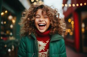 ai generado un joven niña es riendo para el cámara foto