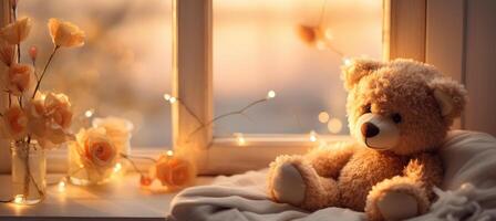 AI generated a sleeping teddy bear sits in the window near a string lights, photo