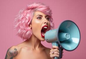 AI generated a young woman shouting into a megaphone on a pink background girl screaming photo