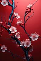 AI generated an abstract red background with red blossoms and branches photo