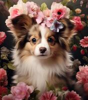 AI generated a watercolor papillon puppy in a flower wreath, photo