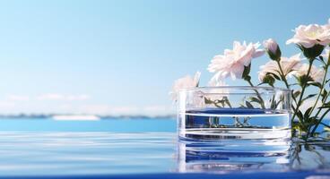 AI generated an empty glass container sits on the edge of a pool with flowers in the background photo