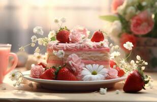 AI generated a strawberry cake is being placed on a plate next to a flower photo