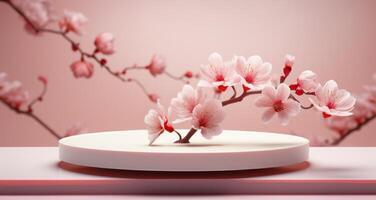 AI generated an empty white cake stand with magnolia flowers, photo