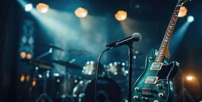 ai generado un amperio y micrófono con guitarras en frente de ellos foto