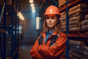 AI generated caucasian woman in orange hard hat posing with her arms crossed in an industrial warehouse, neural network generated photorealistic image photo