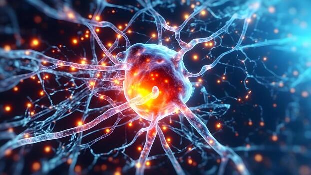 AI generated glowing brain neural cells connected in biological neural network, neural network generated image photo