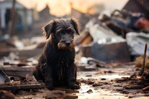 AI generated alone and hungry domestic dog after disaster on the background of house rubble, neural network generated image photo