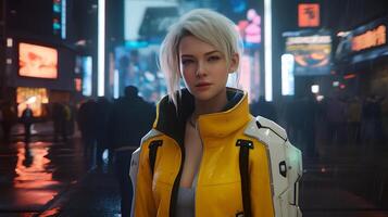 AI generated Pretty young adult caucasian woman with white hair wearing cybernetic jacket in cyberpunk setting, neural network generated photorealistic image photo