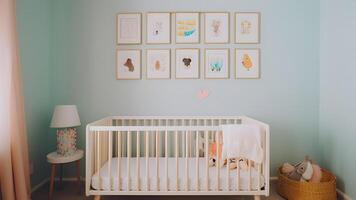 AI generated Bright white minimalist nursery wall with frames above cradle, neural network generated image photo