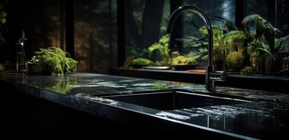 AI generated a dark kitchen with a black island and faucet photo