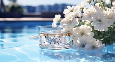 AI generated an empty glass container sits on the edge of a pool with flowers in the background photo