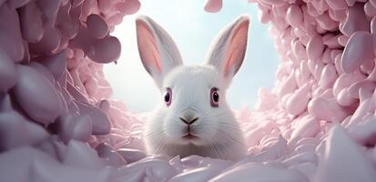 AI generated a white rabbit looking out of a small hole, photo