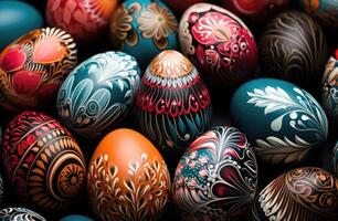 ai generado un imagen de colorido decorado Pascua de Resurrección huevos foto