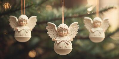 ai generado ángel adornos colgando apagado de un Navidad árbol foto