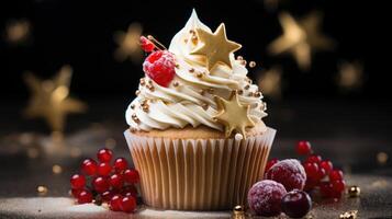 AI generated an image of red holiday cupcake with cinnamon berries and star, photo