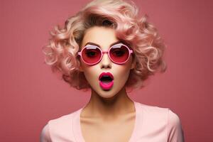 AI generated beautiful woman in pink sunglasses standing with her surprised expression on pink photo