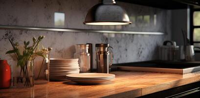 AI generated an image of an old modern kitchen counter with a black lamp photo