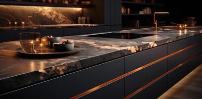 AI generated black kitchen with light golden marble counter top photo