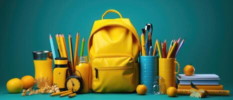 AI generated blue and yellow backpack and pencils on the blue background photo