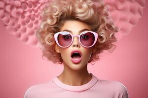 ai generado hermosa mujer en rosado Gafas de sol en pie con su sorprendido expresión en rosado foto