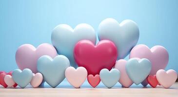 ai generado azul y rosado vistoso corazón juguetes por el madera con ligero resumen foto