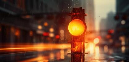 AI generated an orange traffic light is in wet weather, photo