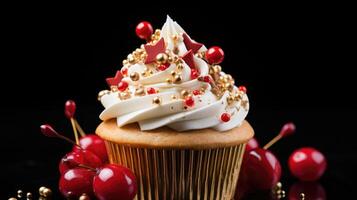 AI generated an image of red holiday cupcake with cinnamon berries and star, photo