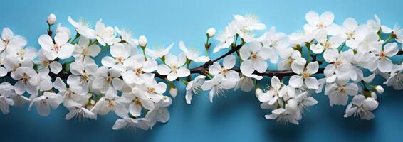 AI generated beautiful white flowers are shown against a blue backdrop photo