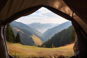 ai generado ver desde turista tienda a el montaña Valle a soleado verano mañana, neural red generado imagen foto