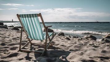 ai generado vacío playa silla en arena playa a verano día, neural red generado Arte foto